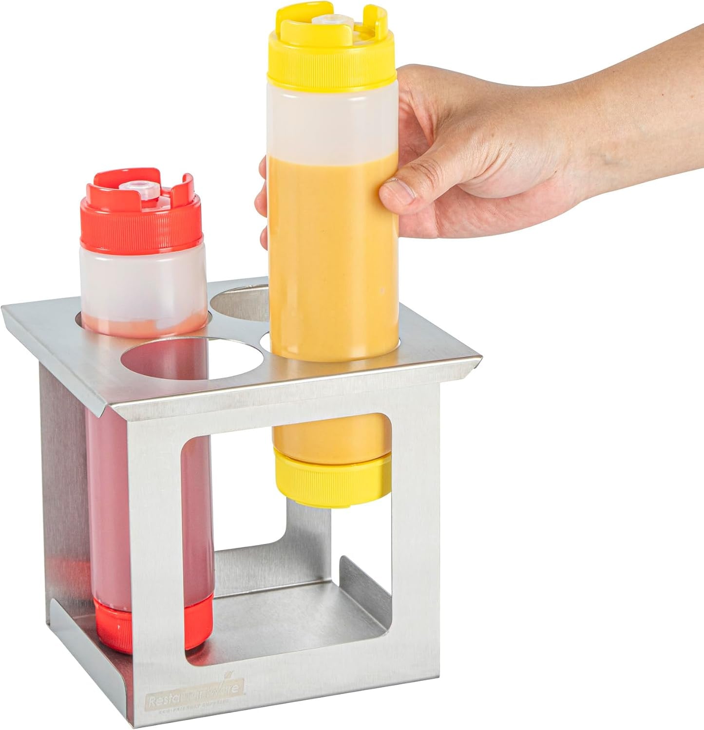 Restaurantware Stainless Steel Bottle Organizer - 1 Count - 6.299 x 7.087 x 0.394 Inches - Dishwasher-Friendly Condiment Holder - Kitchen Bottle Rack - Space-Saving Design - Silver