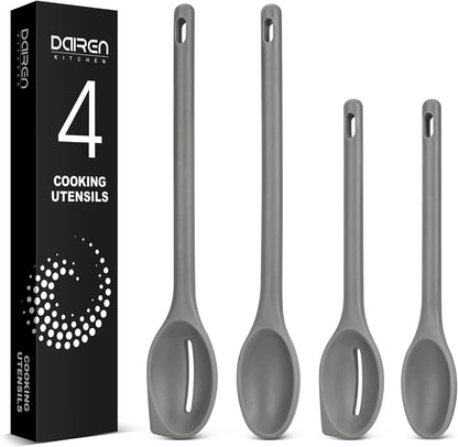 Silicone Cooking Spoons Set, Heat Resistant Kitchen Utensils, Non-Stick BPA Free Solid & Slotted Spoons for Mixing, Scooping, Draining, Serving, Basting (4 Pack) (RED)