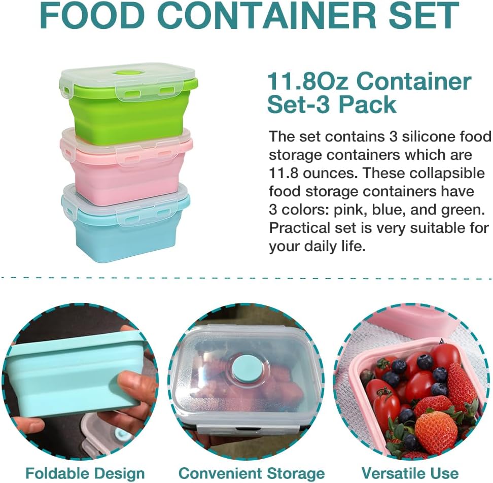 Alimat PluS 40.5oz Silicone Collapsible Food Storage Containers with Lids, 3 Pack Set 1200ml Folding Large Meal Prep Lunch Containers, Microwave, Freezer and Dishwasher Safe