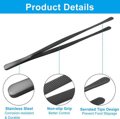 2 Pcs Stainless Steel Tweezers Tongs, 12 Inch Extra-Long Tweezers with Precision Serrated Tips for Kitchen Cooking, Baking, Garden (Rainbow)
