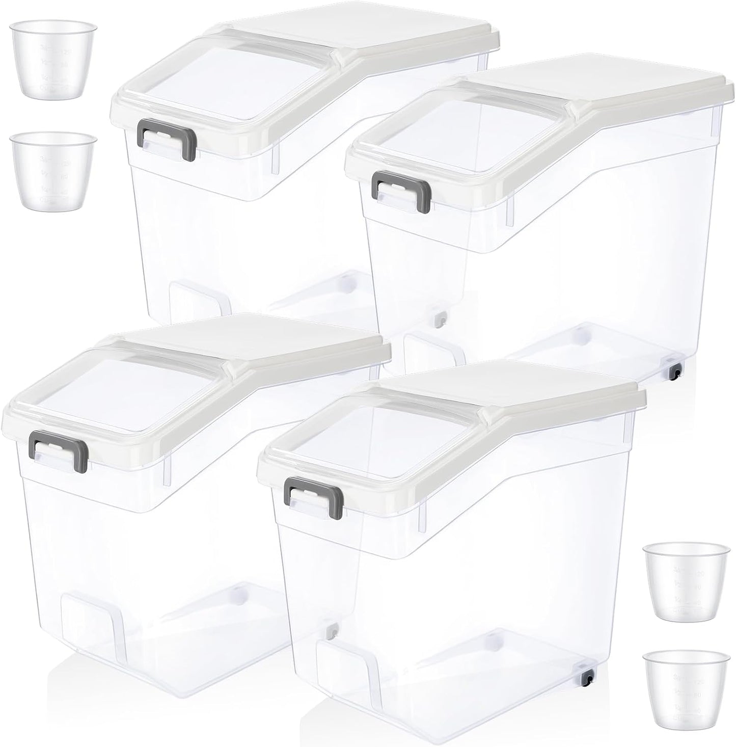 Sunnyray 4 Pcs Rice Storage Container 22 lb Airtight Flour Container with Wheels Measuring Cup Clear Pet Food Cube Dog Cat Birds Food Bin Grain Cereal Organizer Box for Dry Baking Supplies(White Lid)
