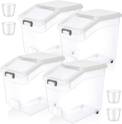 Sunnyray 4 Pcs Rice Storage Container 22 lb Airtight Flour Container with Wheels Measuring Cup Clear Pet Food Cube Dog Cat Birds Food Bin Grain Cereal Organizer Box for Dry Baking Supplies(White Lid)