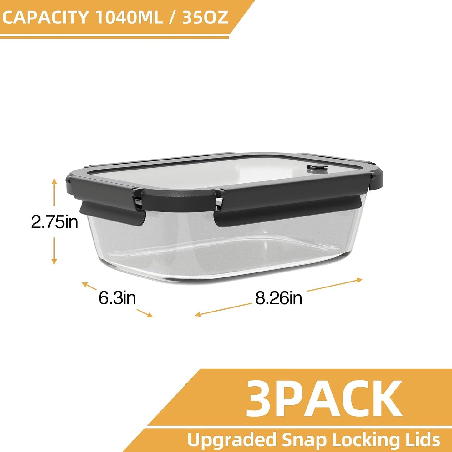 BYLWORKOUT Glass Meal Prep Containers 3 Pack | Borosilicate Food Storage Containers with Airtight Leak-Proof Vented Lids | Microwave, Oven, Freezer & Dishwasher Safe Glass Lunch Boxes for Kitchen