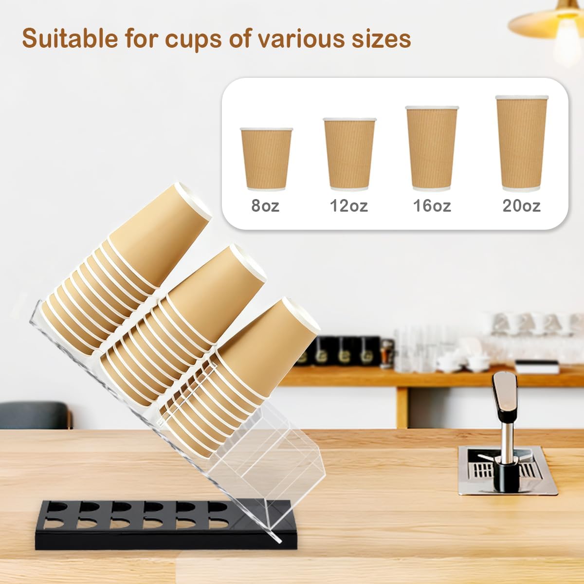 Acrylic Cup and Lid Holder with Coffee Pods Organizer, Adjustable Coffee Cup Holder 6 Compartment Dispenser for Disposable Cup and Straw Accessories Organizer, for Office, Home, Coffee Bar Countertop