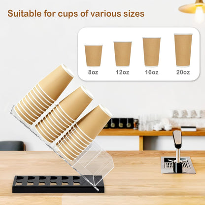 Acrylic Cup and Lid Holder with Coffee Pods Organizer, Adjustable Coffee Cup Holder 6 Compartment Dispenser for Disposable Cup and Straw Accessories Organizer, for Office, Home, Coffee Bar Countertop