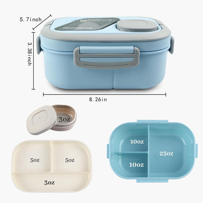 Adults Bento Lunch Box,Salad Container Large 43oz Salad Bowl, Bento-Style Tray for Toppings, 3oz Sauce Container for Dressings, and Built-In Reusable Fork (Green)