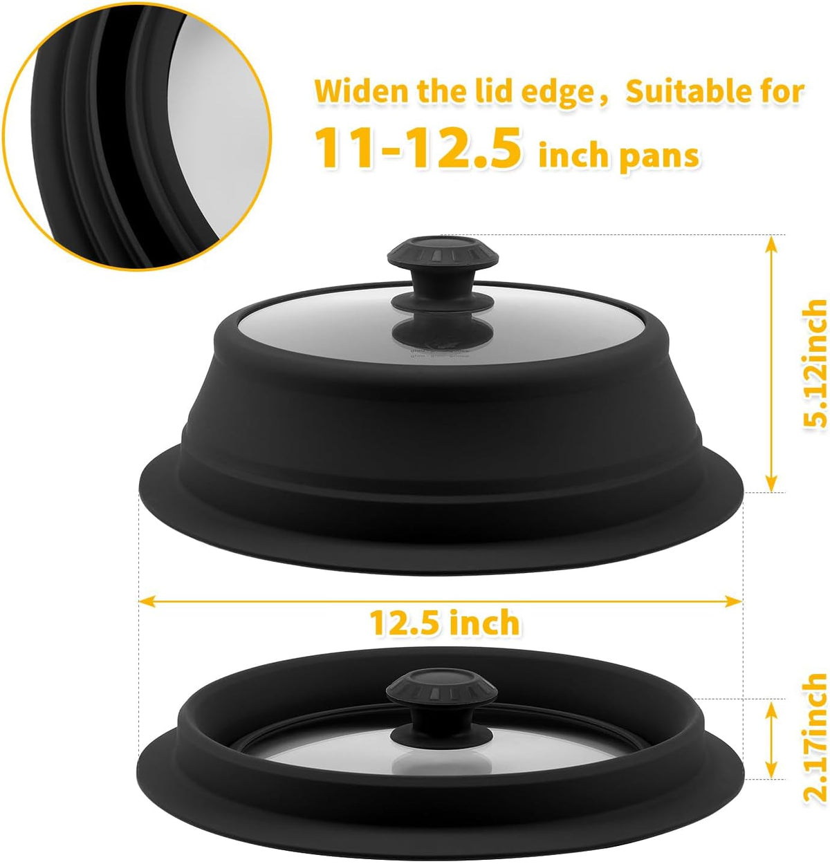 Collapsible Microwave Splatter Lid with Vented Tempered Glass Cover Wok Lid for Microwave Safe, Stockpot Steamer Pot Pan Round Bowl 6" 7" 8" 9" 10" 11" 12" Universal Multifunction Silicone Cover
