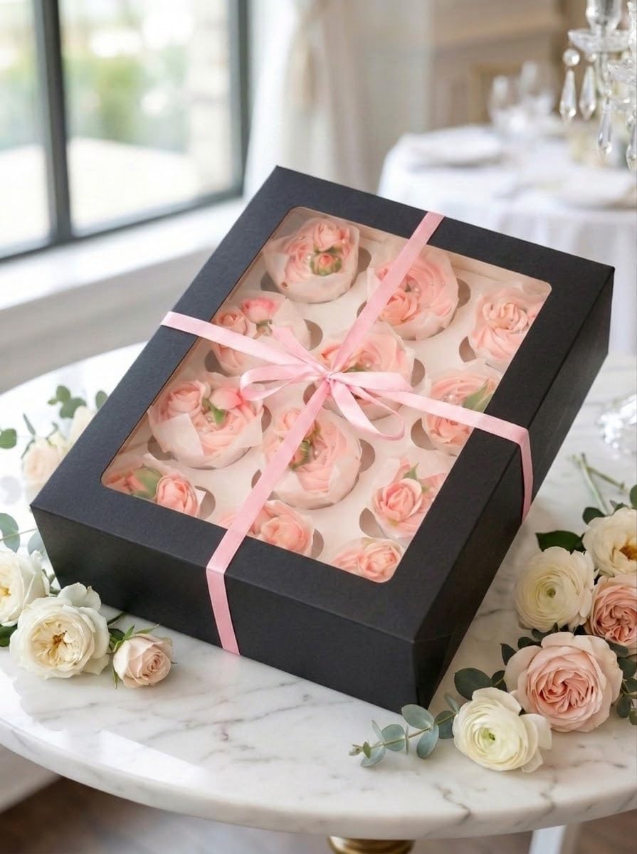 Bakepacker Auto-pop up 12 Cupcake Containers 6-Packs Brown Cupcakes Carrier, 12 Cupcake Boxes with Window 13"x10"x3.5"