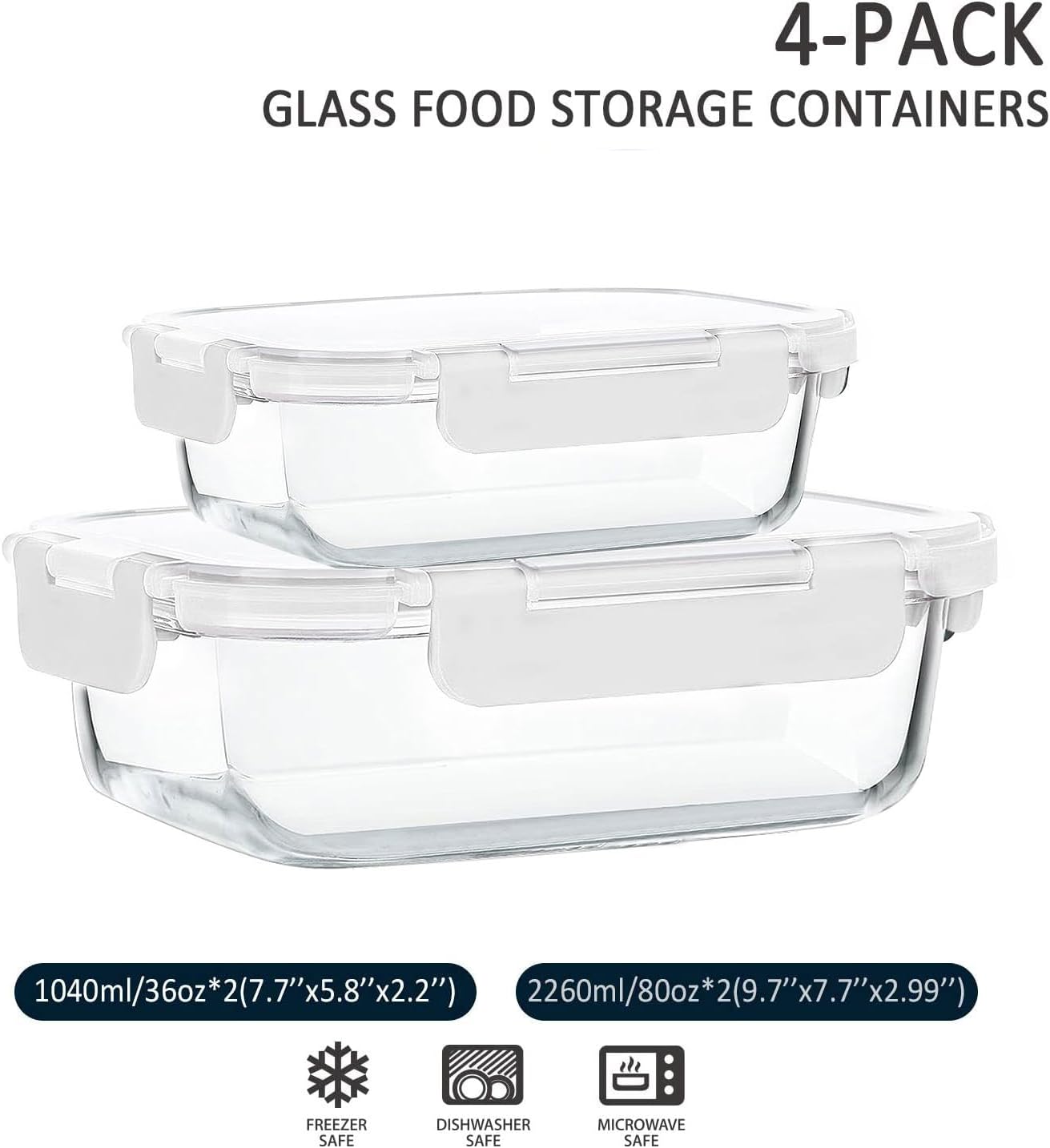 M MCIRCO [80 oz & 36 oz Extra Large Glass Food Storage/Baking Containers Set with Lids, 2 Pack 80 oz(10 cup)&2 Pack 36 oz (4.5 cup) Airtight Glass Container,Microwave,Oven,Freezer and Dishwasher