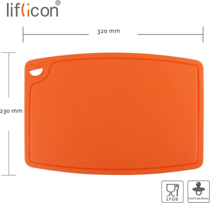 Liflicon Thick Cutting Boards for Kitchen Silicone Chopping Board Set of 2 Mid 12.6'' x 9.1”,Mini 9.1”x7.1” Non-slip Deep Drip Juice Groove Easy Grip Handle,Dishwasher Safe-Red
