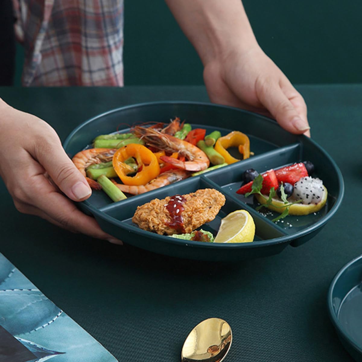 VICASKY Plastic Divided Dinner Plate 3-compartment Portion Control Tray, Food-grade Pp Material, Matte Green, Suitable for Diet Meal Prep and Breakfast Use