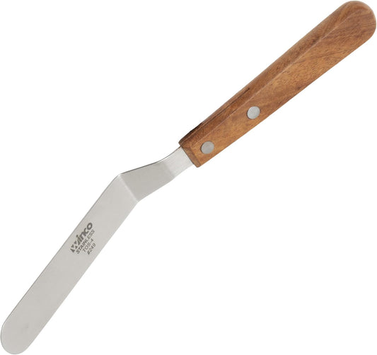 Winco 3 3/8" x 3/4" Brown Blade Stainless Steel Spatula, Wooden Handle