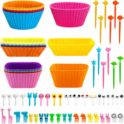 70 PCS Silicone Lunch Box Dividers Kit, SourceTon Bento Box Accessories,18pcs Silicone Cupcake Liners with 52pcs Food Picks