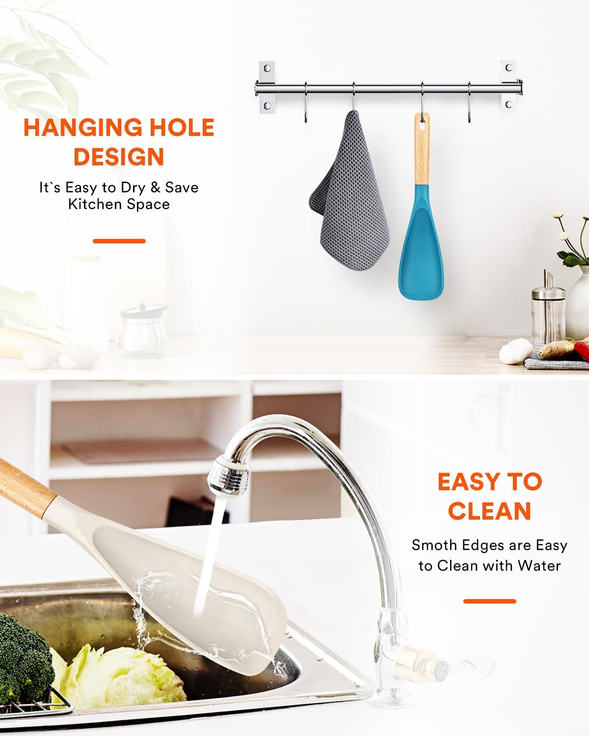 Cooking Spoon for Nonstick Cookwares, Great for Cooking and Serving Sturdy BPA-Free Matte Silicone, Wood Handle Spoon for Mixing, Scoop, and Scrape (Black & Grey, 11.4 inch)