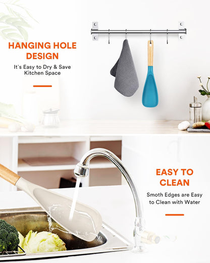 Cooking Spoon for Nonstick Cookwares, Great for Cooking and Serving Sturdy BPA-Free Matte Silicone, Wood Handle Spoon for Mixing, Scoop, and Scrape (Black & Grey, 11.4 inch)