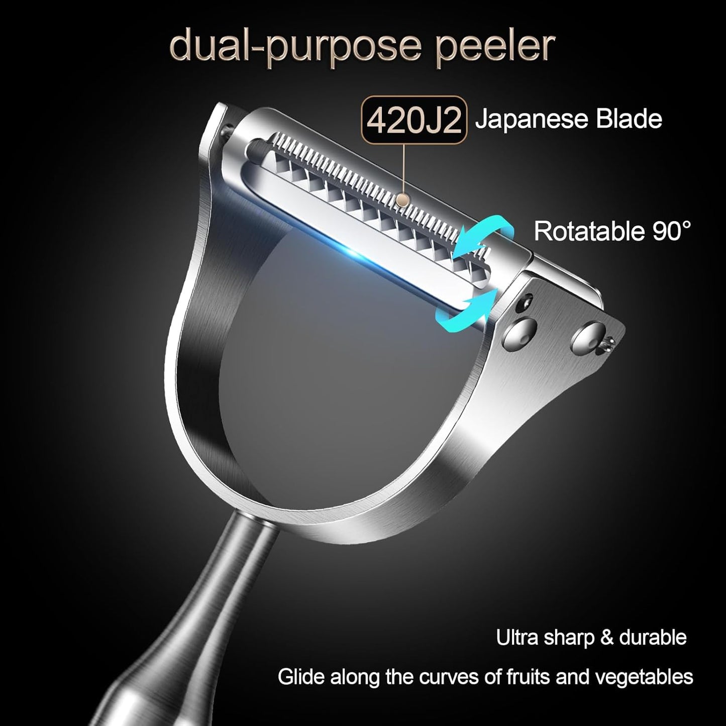 2 in1Julienne Vegetable Peeler,Stainless Steel Silver | Multi functional Peeler one-piece metal construction prevents the blades from wobbling or becoming loose after prolonged use