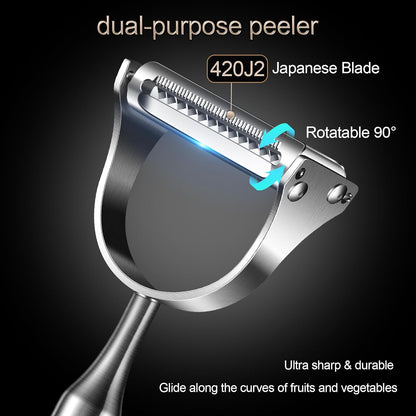 2 in1Julienne Vegetable Peeler,Stainless Steel Silver | Multi functional Peeler one-piece metal construction prevents the blades from wobbling or becoming loose after prolonged use