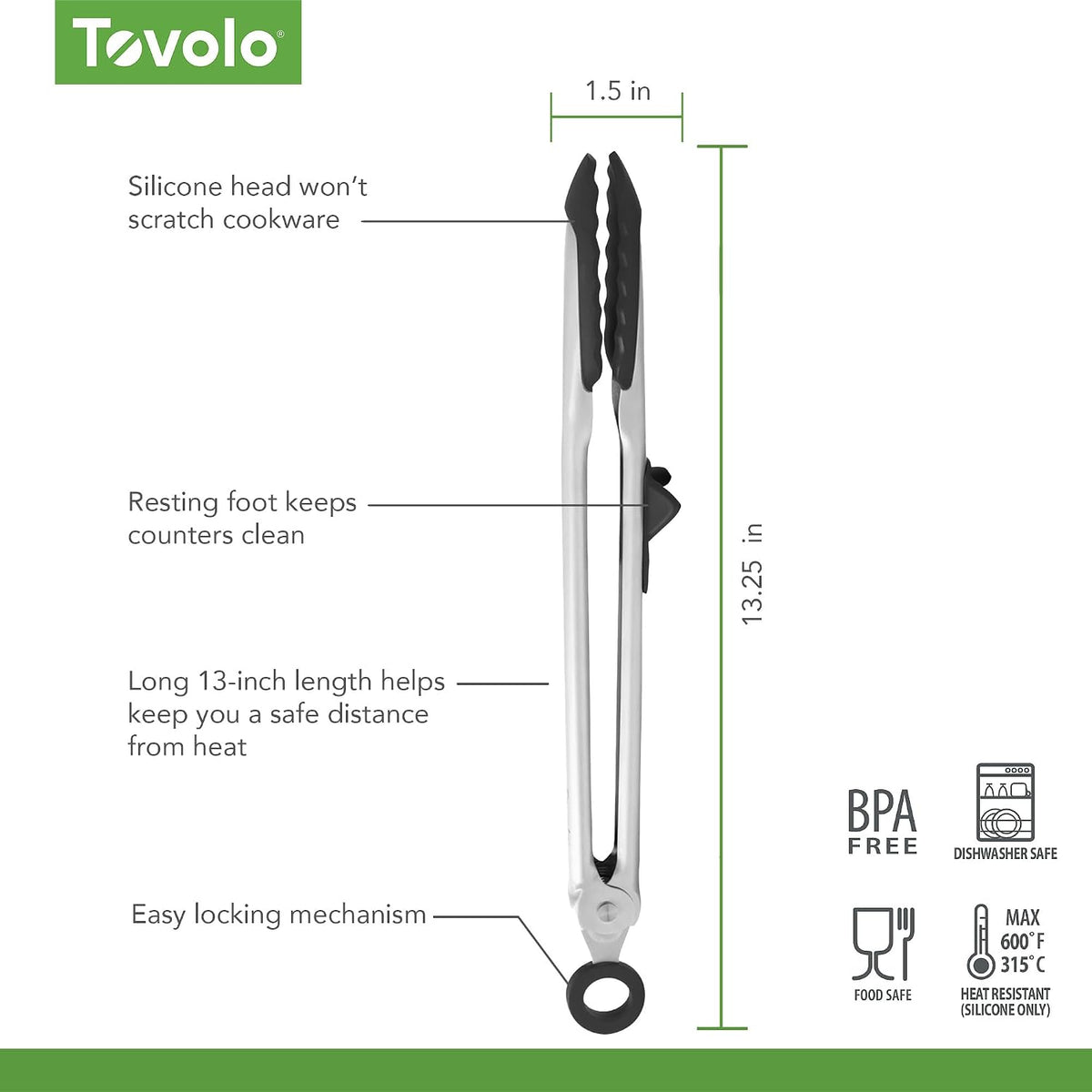 Tovolo Tongs With Silicone Tips Easy Grip 13” Long Kitchen Tongs Stainless Steel Handle For Cooking BBQ, Non Scratch Heat Resistant Locking Metal Silicone Tipped Dishwasher Safe BPA Free, Black