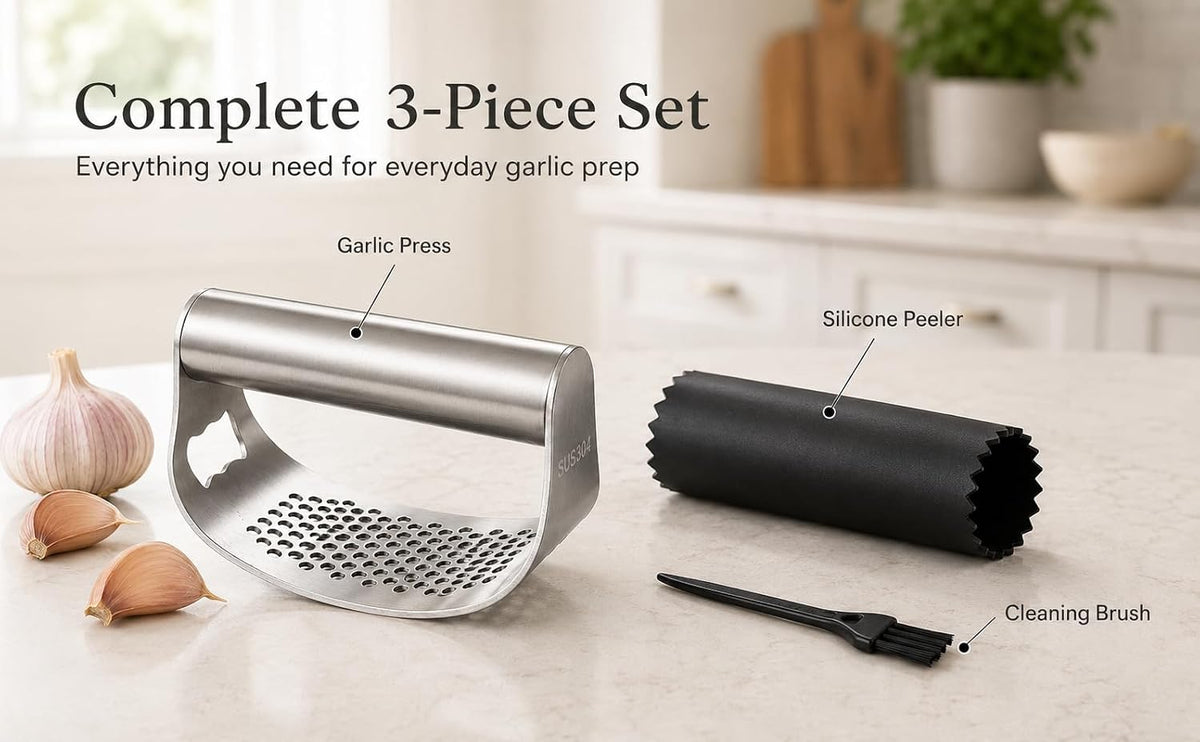 Garlic Press Rocker Set, Stainless Steel Mincer with Peeler & Brush