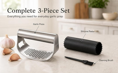 Garlic Press Rocker Set, Stainless Steel Mincer with Peeler & Brush