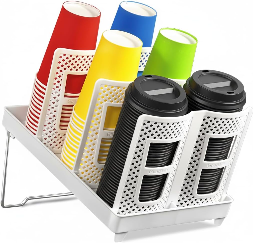 6-Slot Paper Cup and Lid Holder, Disposable Coffee Cup Dispenser, Upright Paper Cup Dispenser for Coffee Stations, Kitchens, Bars, Restaurants, Lounges (White)