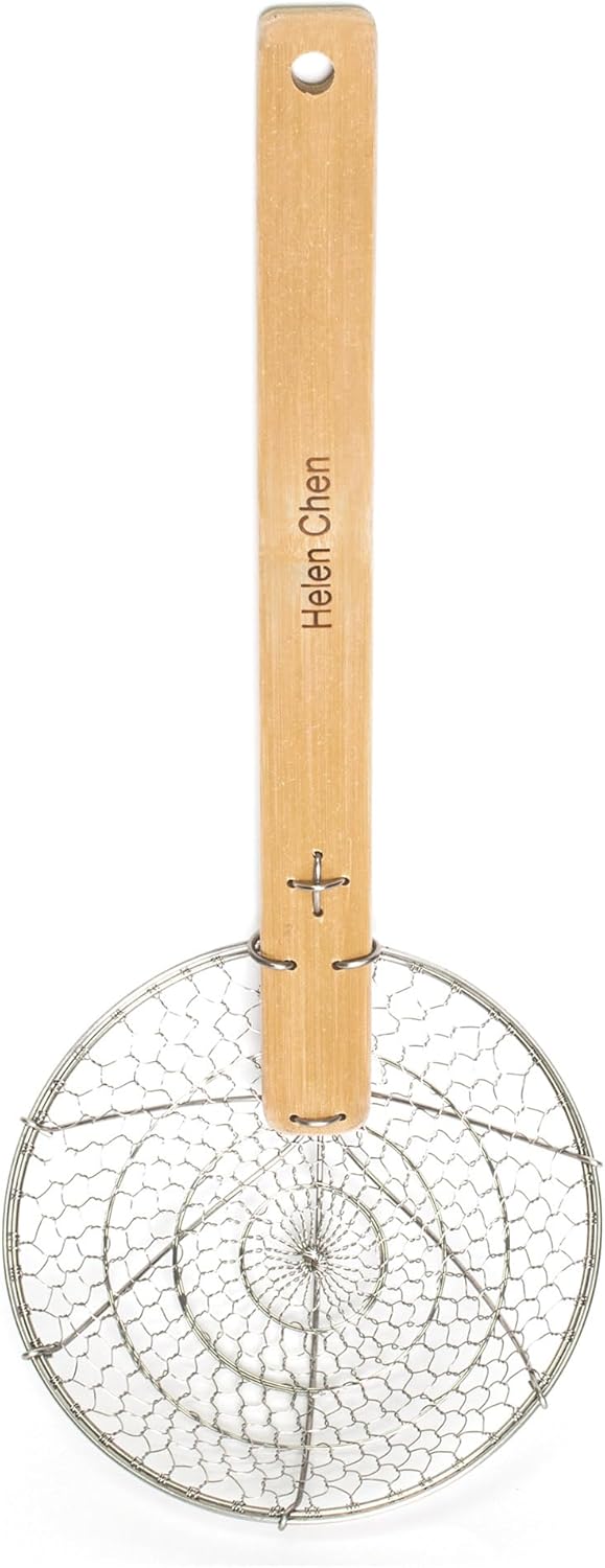 Helen's Asian Kitchen Deep Spider Strainer, 6-Inch Stainless Steel Mesh Basket With Bamboo Handle, For Noodles, Dumplings, Wontons, Deep Frying, And Draining Tasks