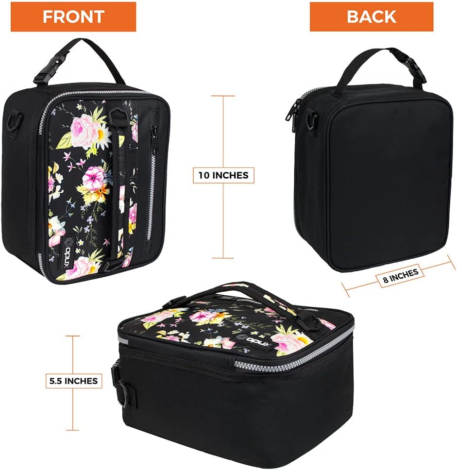 opux Insulated Lunch Box for Men Women Adult, Compact Lunch Bag for Kids Boy Girl Teen, Soft Lunch Cooler Bag for Work School, Leakproof Lunchbox Lunch Pail with Clip-on Buckle, Grey Flowers