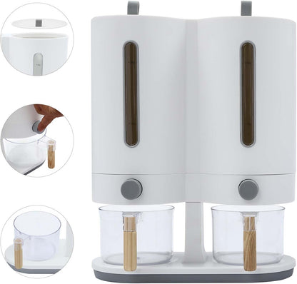 Dual Rice Dispenser, Grain Holder Beans Cereal Dispensers, Rice Storage Container with 2 Measuring Cup, with Airtight Lid, for Home Kitchen Countertop Organization (White Grey)