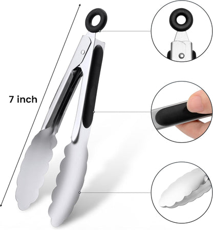 Stainless Steel Tongs Set, Food Grade Stainless Steel Kitchen Tongs, Heat Resistant 600 Degrees, for Cooking, BBQ Barbecue, Grilling, Buffet, Serving (7"+9"+12")