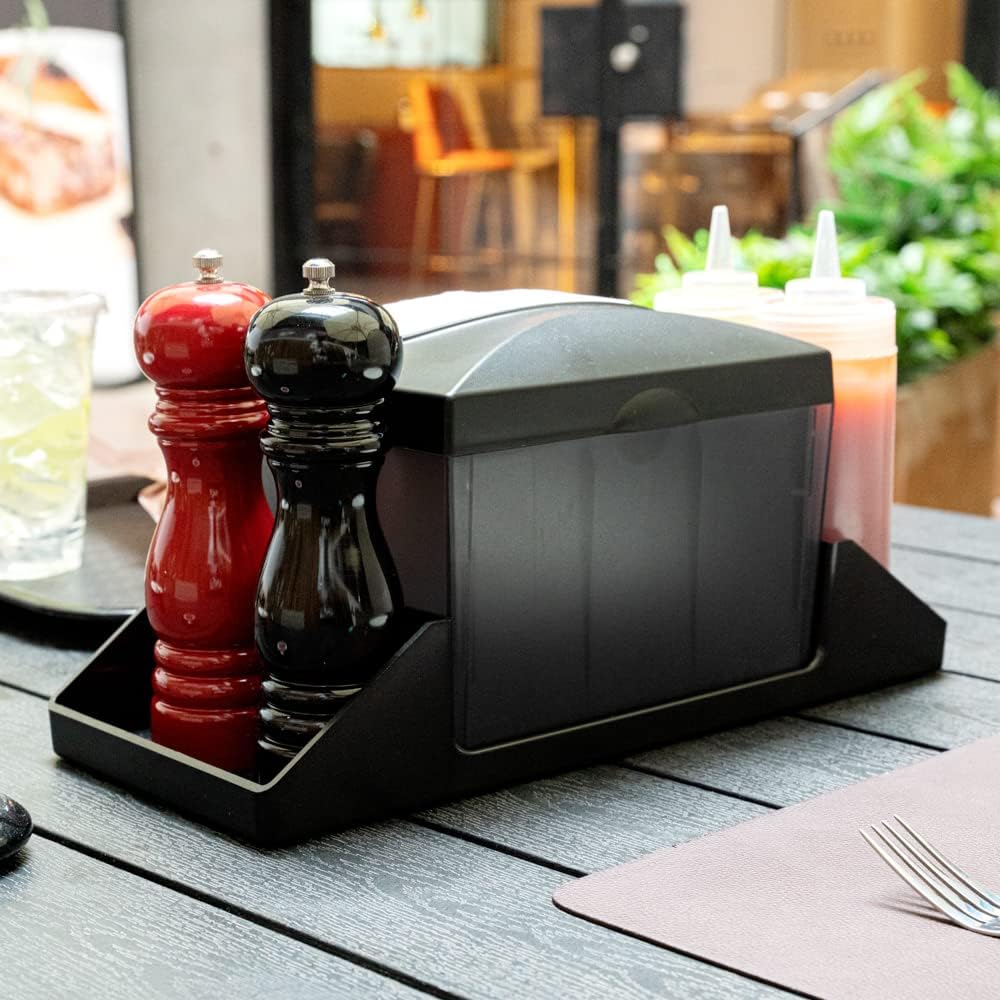 Restaurantware Bar Lux 7.9 Inch x 5.5 Inch Napkin Holder 1 3-Compartment Condiment Caddy - Rectangle Tabletop Black Plastic Napkin Caddy Refillable Easy Access