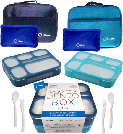 kinsho Lunch Box for Kids Boys Girls - Bento Box Set with Insulated Bag and Ice Pack, 6 Compartment Leak Proof Food Container, BPA-Free, Microwave Safe, Ideal for School & Work, Teal
