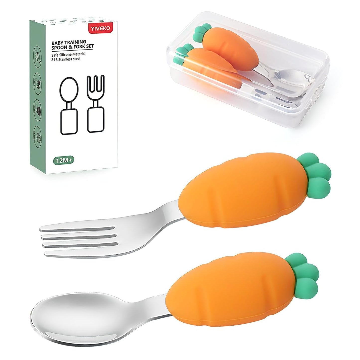 Baby Fork and Spoon Set with Carry Case Baby Training Utensils Self Feeding Toddler Silverware Silicone and Stainless Steel Kids and Toddler Utensil Set-Dinosaur