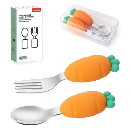 Baby Fork and Spoon Set with Carry Case Baby Training Utensils Self Feeding Toddler Silverware Silicone and Stainless Steel Kids and Toddler Utensil Set-Dinosaur
