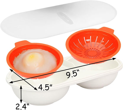 2 Cavity Microwave Egg Poacher, Microwavable Poached Egg Cooker with Lid & Handle Double Layer Microwave Egg Poacher Boiled Eggs Maker Poached Egg Cup for Breakfast with Oil Brush and Scraper (Yellow)