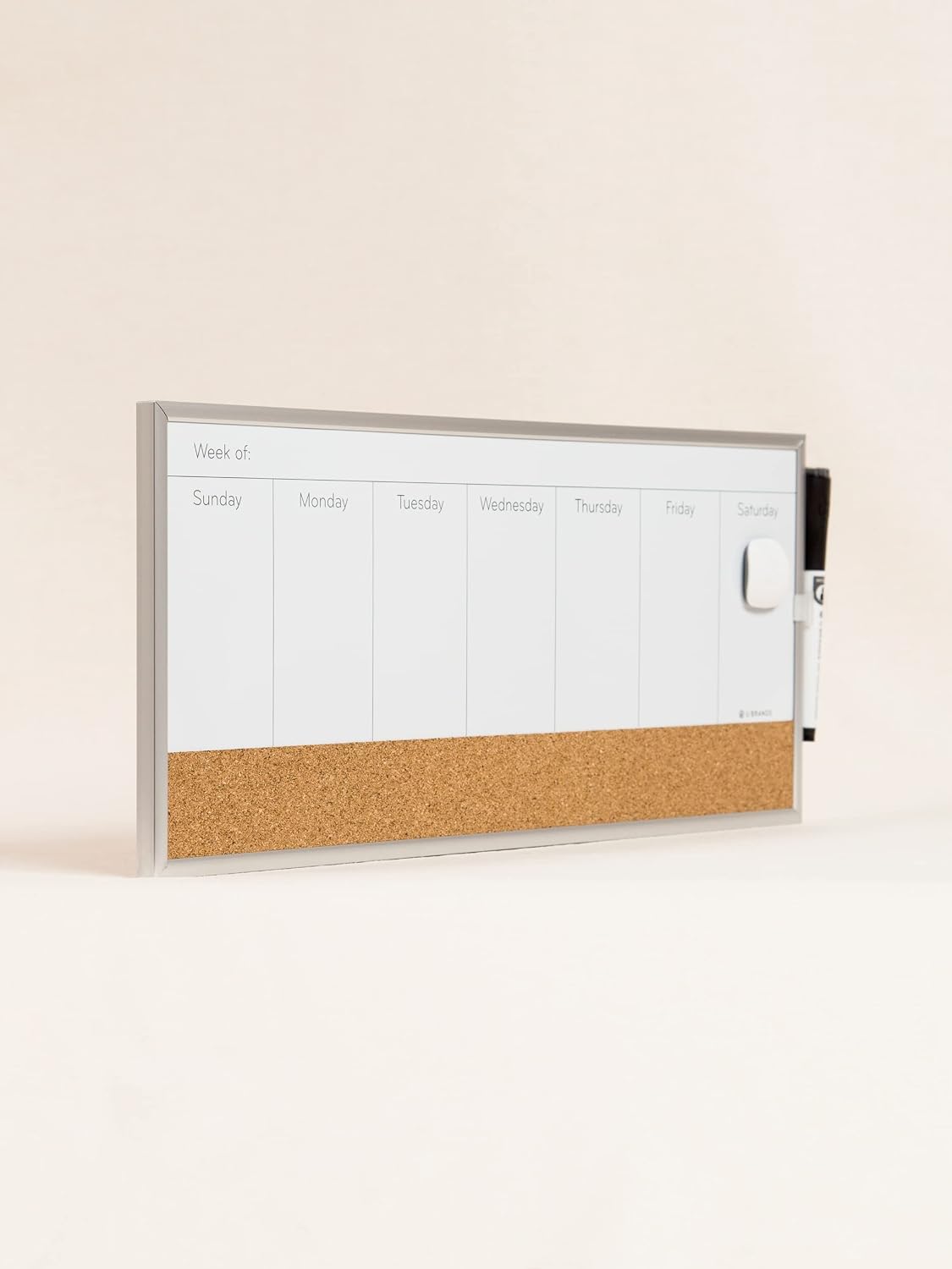 U Brands Magnetic Dry Erase Weekly Calendar White Board With Cork Strip, 18" x 7.5", Silver Aluminum Frame, Includes Magnet, Marker