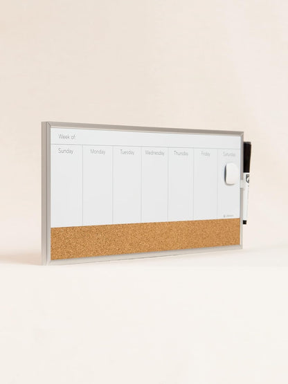 U Brands Magnetic Dry Erase Weekly Calendar White Board With Cork Strip, 18" x 7.5", Silver Aluminum Frame, Includes Magnet, Marker