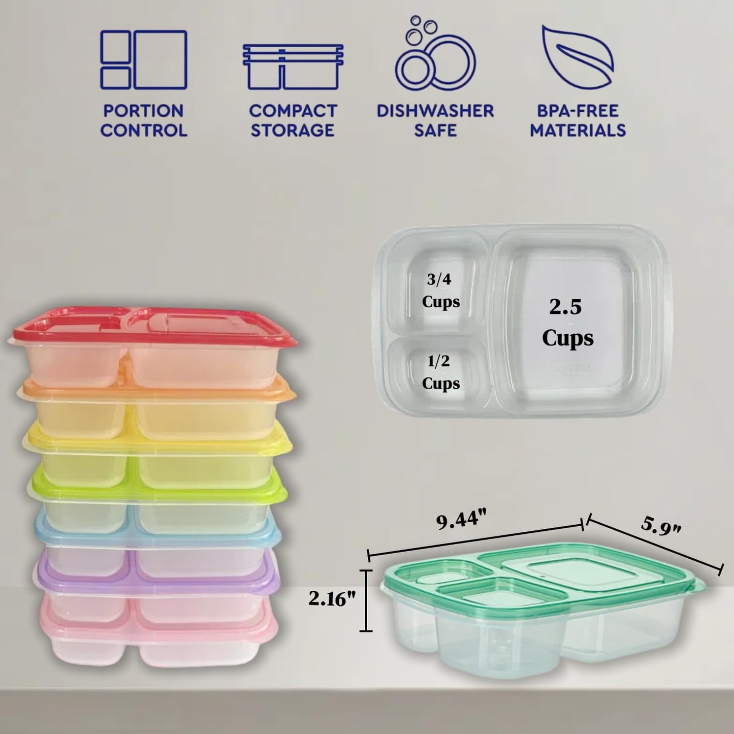 WEEK NINE Bento Lunch Boxes - Reusable 3-Compartment Food Containers for School, Work, and Travel, Set of 7