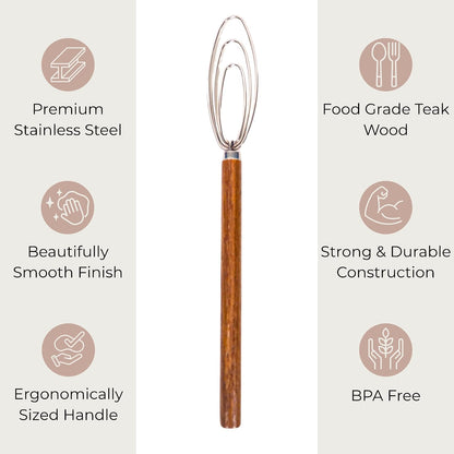 Sourdough Starter Jar Whisk - Easily Mix Thick Starter Dough; Rounded Edges and Tip Scrapes Side and Bottom of Jar Clean; Essential Sourdough Whisking Tool; Teak Wood and Stainless Steel Hand Whisk