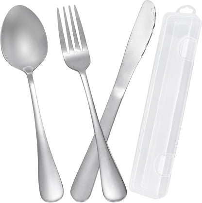 Travel Utensils with Case Stainless Steel Knife Fork Spoon Set Reusable Cutlery for Lunch Box Portable Silverware Kit（Silver）