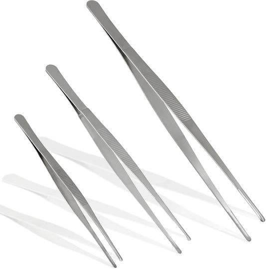 Bonsicoky 3Pcs Stainless Steel Tweezer Set (8" 10" 12") | Long Tweezers, Precision Serrated Straight Tips, Non-slip, For Cooking, Repairing, Medical, Garden