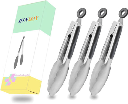 HINMAY Small Silicone Tongs 7-Inch Mini Serving Tongs, Set of 3 (Black Gray White)