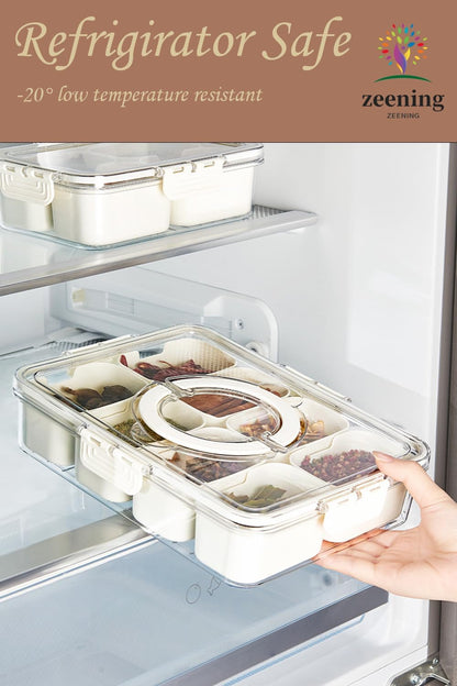 Divided Clear Snack Serving Tray with Lid & Handle, 8 Compartments Snackle Box Charcuterie Board Container Storage Organizer for Fruit Candy Veggie Snacks, Perfect for Travel Picnic, 2PCS