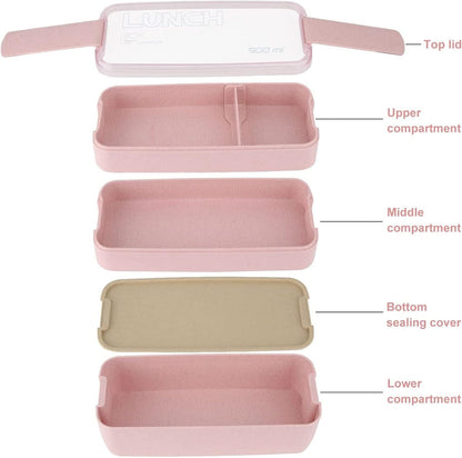 Rarapop 3 Pack Stackable Bento Box Adult Japanese Lunch Box Kit with Spoon & Fork, 3-In-1 Compartment Wheat Straw Meal Prep Containers (Green/Pink/Beige)