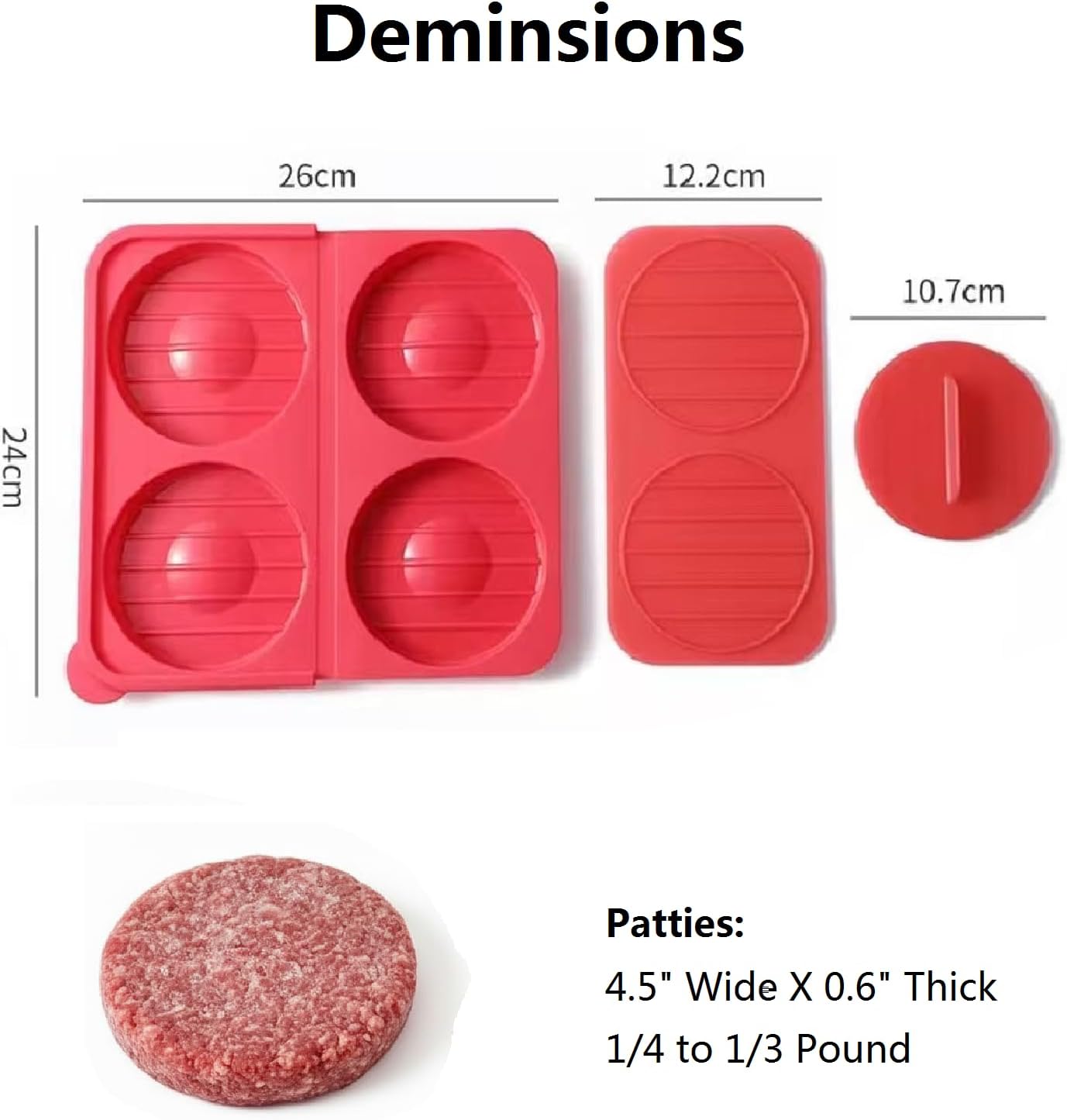 AUOON Silicone Burger Press for 4.5" 1/4-1/3 lb Patties - 4 in 1 Hamburger Press Patty Maker for Kitchen BBQ, Non-Stick Burger Patty Mold for Beef Veggie, Dishwasher Safe & Freezer Storage (Red)