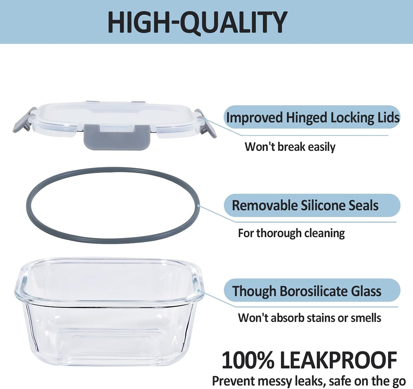 Glass Food Storage Containers with Lids, 4 Pack, Airtight, Leak Proof, BPA Free, Oven/Dishwasher Safe, Grey