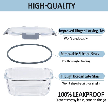 Glass Food Storage Containers with Lids, 4 Pack, Airtight, Leak Proof, BPA Free, Oven/Dishwasher Safe, Grey