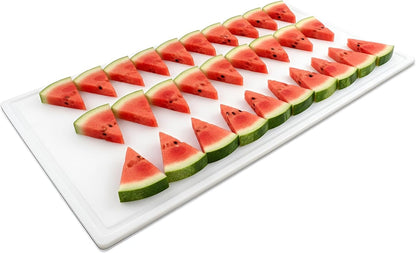 Thirteen Chefs 18x12 White Cutting Board with Groove, 1/2" Thick Plastic