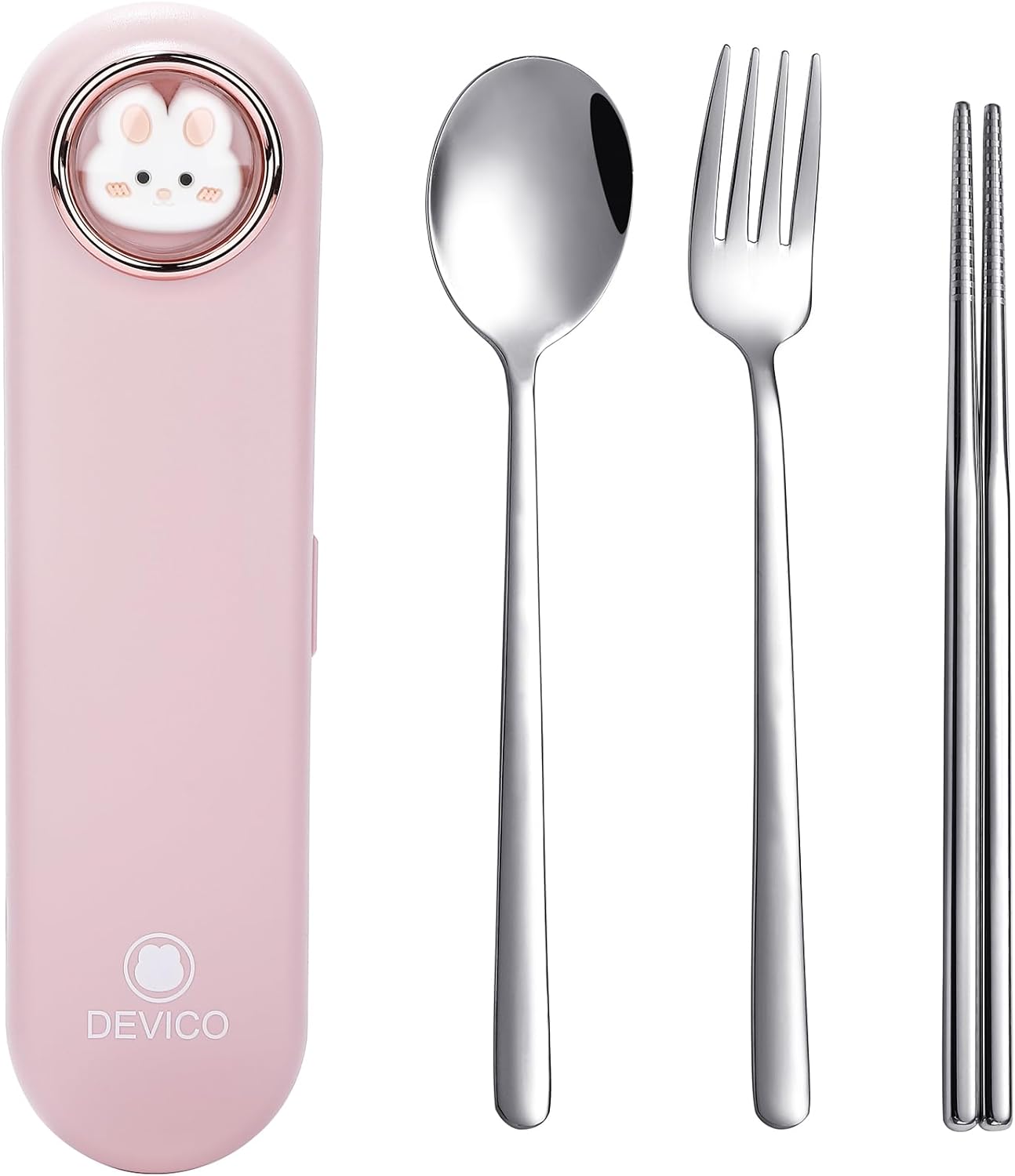DEVICO Travel Utensils with Case Cute, Reusable Silverware for Lunch, 4Pcs Portable Cutlery Set, 18/8 Stainless Steel Fork Spoon Chopsticks in Cartoon Case, Dishwasher Safe (Light Yellow)