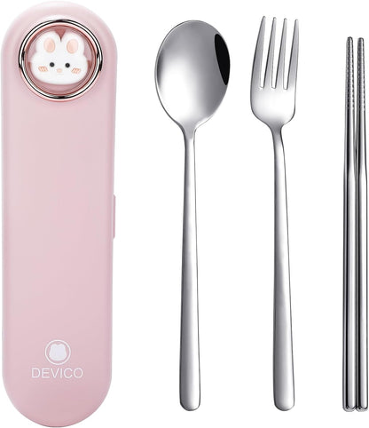 DEVICO Travel Utensils with Case Cute, Reusable Silverware for Lunch, 4Pcs Portable Cutlery Set, 18/8 Stainless Steel Fork Spoon Chopsticks in Cartoon Case, Dishwasher Safe (Light Yellow)