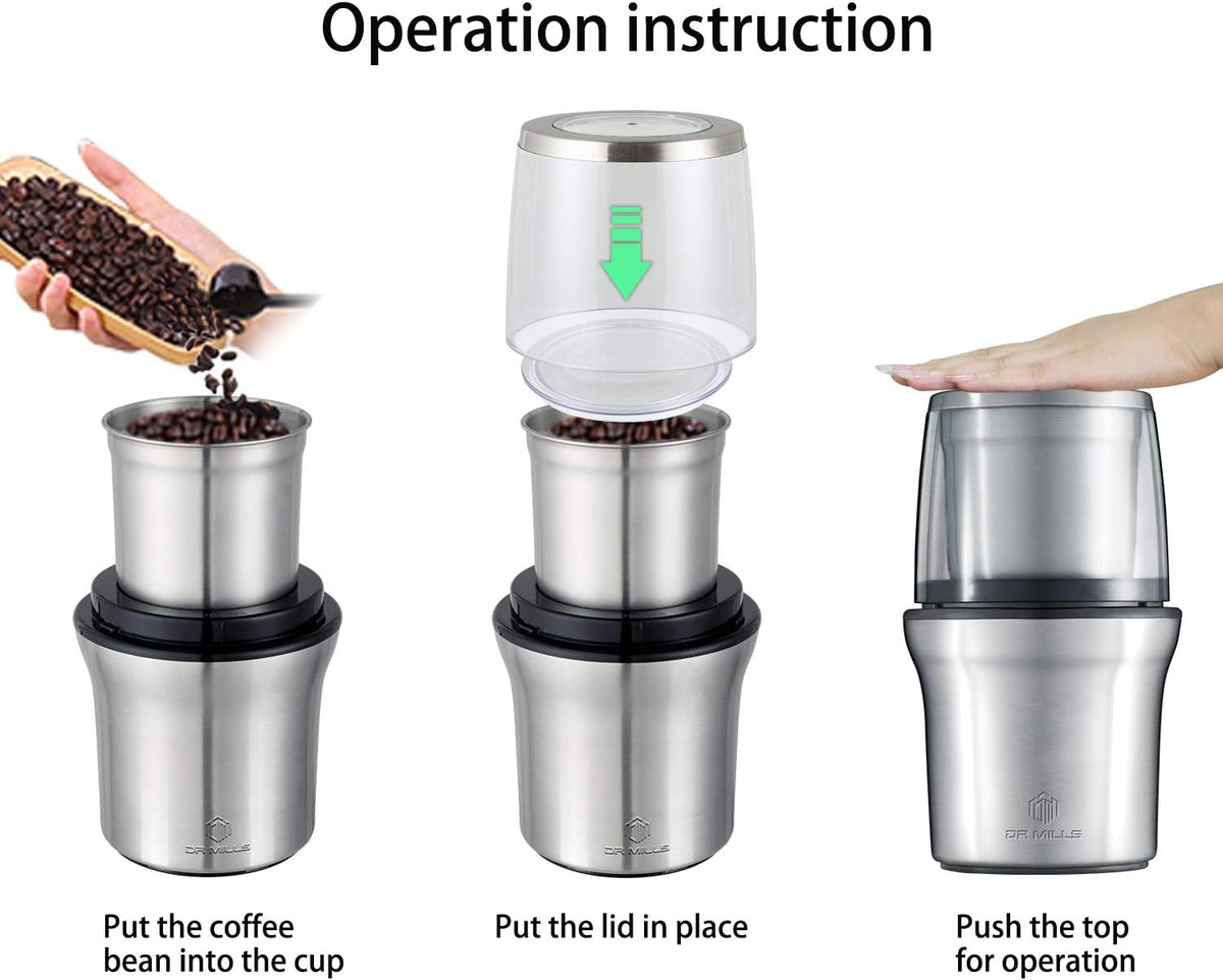 DR MILLS DM-7412M Stainless Steel Electric Dried Spice and Coffee Grinder,2 in 1 Wet and Dry, Detachable Cups, Dishwasher Safe